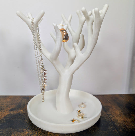 Modern Tree Ring & Jewellery Holder with Tray – 3D Printed Organizer Stand for Rings, Earrings & Accessories