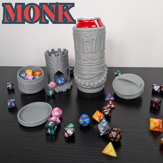 Monk DnD Mug Dice Tower | 3-in-1 Can Holder, Dice Box & Paintable RPG Gift | 3D Printed | TTRPG Accessory