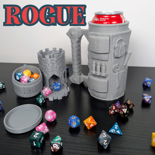 Rogue DnD Mug Dice Tower | 3-in-1 Can Holder, Dice Box & Paintable RPG Gift | 3D Printed | TTRPG Accessory