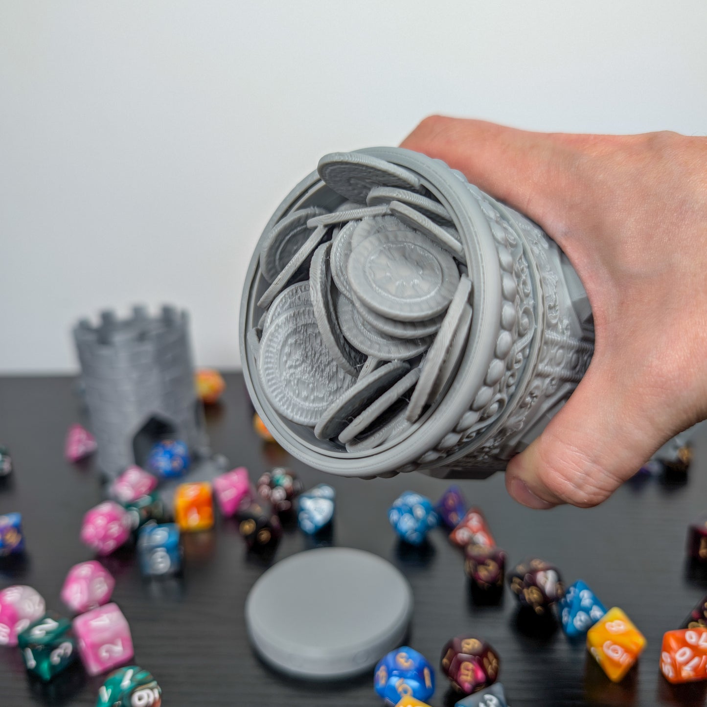 Treasure DnD Mug Dice Tower | 2-in-1 Can Holder, Dice Box & Paintable RPG Gift | 3D Printed | TTRPG Accessory