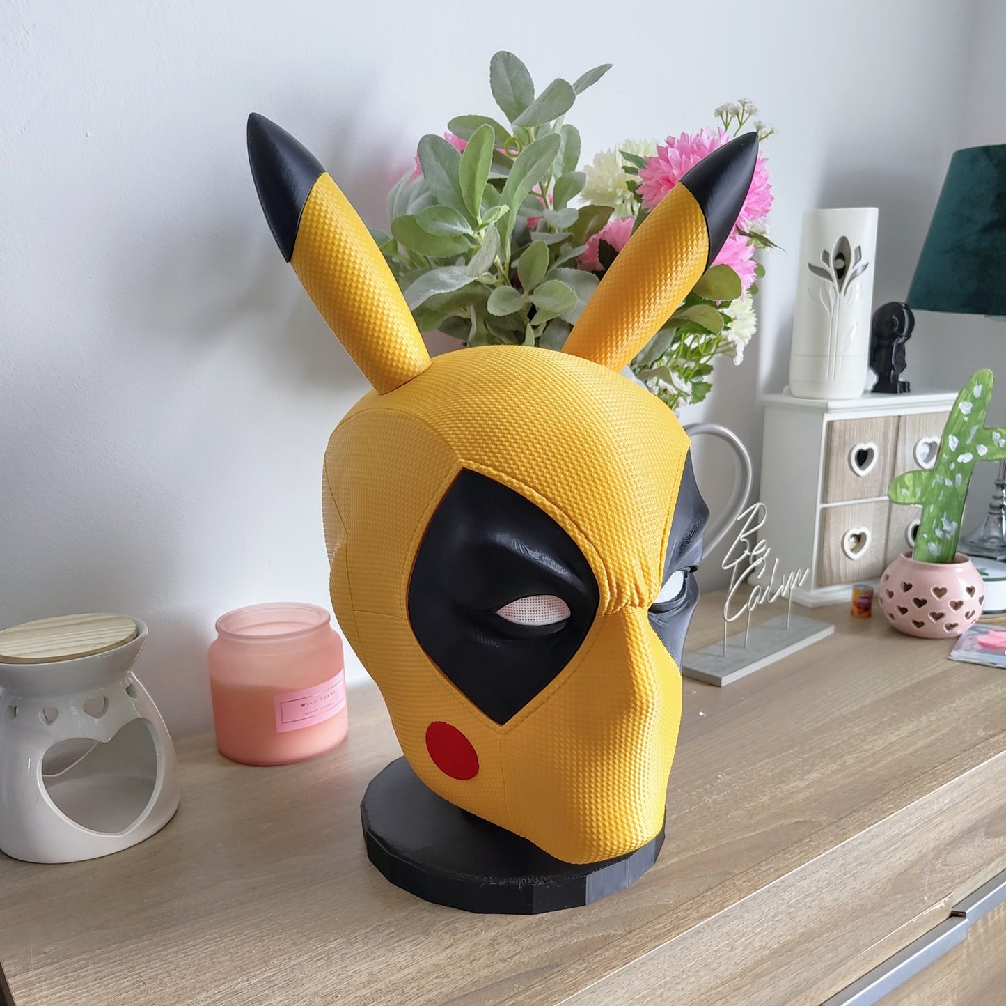 3D Printed PikaPool Helmet Mask for 24" Head - Unique Deadpool Pikachu Cosplay