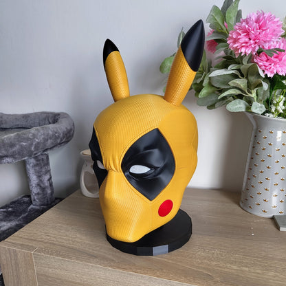 3D Printed PikaPool Helmet Mask for 24" Head - Unique Deadpool Pikachu Cosplay