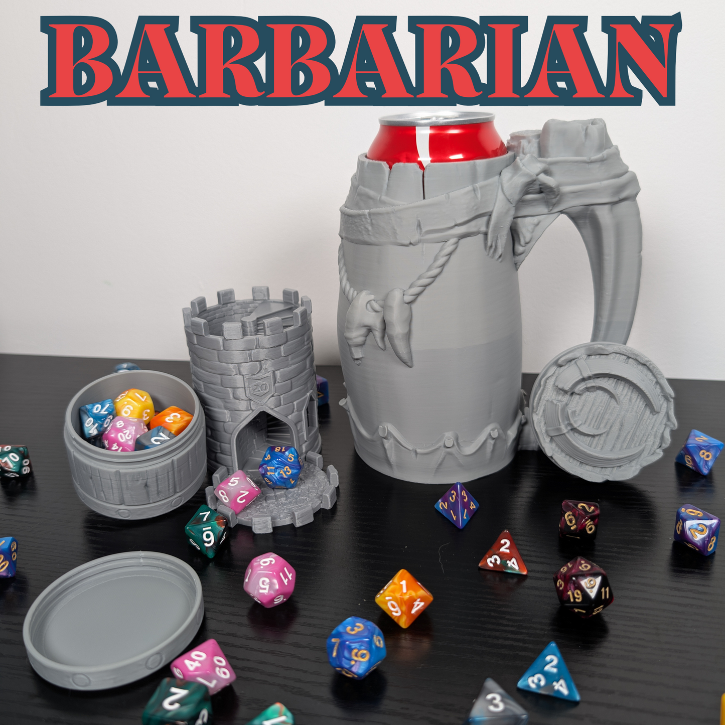 Barbarian DnD Mug Dice Tower | 3-in-1 Can Holder, Dice Box & Paintable RPG Gift | 3D Printed | TTRPG Accessory