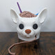 3D printed chihuahua head yarn bowl, white colourway, yarn threaded through