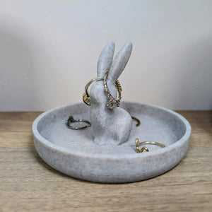 3D printed bunny rabbit ring holder in white showing cute bunny with ring storage