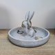 3D printed bunny rabbit ring holder in white showing cute bunny with ring storage