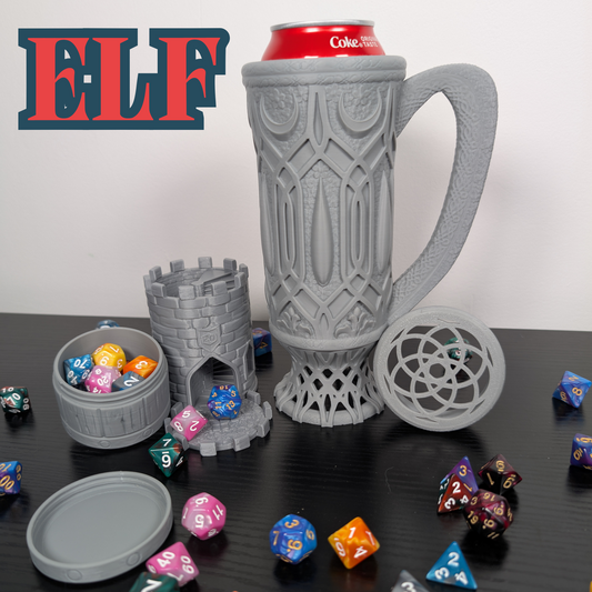 Elf DnD Mug Dice Tower | 3-in-1 Can Holder, Dice Box & Paintable RPG Gift | 3D Printed | TTRPG Accessory