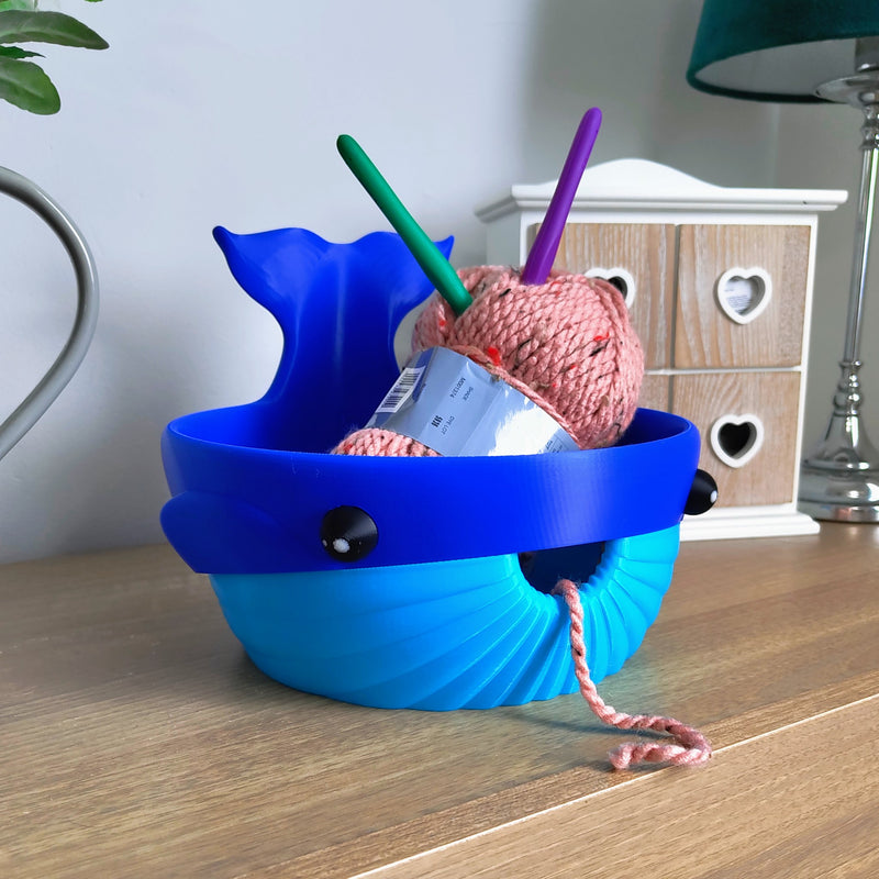 Huge 3D printed whale yarn bowl showing enormous capacity with large yarn cake inside